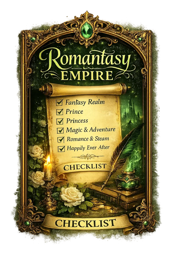 Romantasy Empire Master Checklist bonus cover with a scroll listing fantasy realm, prince, princess, magic and romance elements