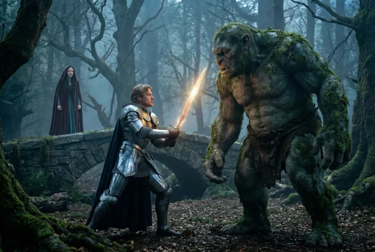 Knight with glowing sword facing a moss-covered troll on a forest bridge, illustrating romantasy fantasy and romance stakes