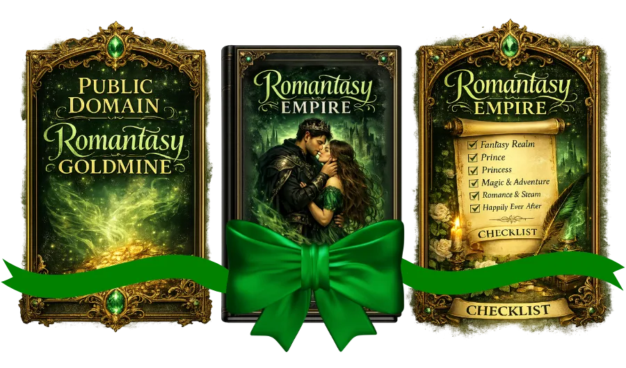 Romantasy Empire fantasy romance writing guide bundle with Public Domain Romantasy Goldmine and Master Checklist bonuses
